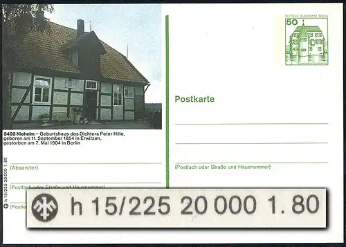 Carte postale P 114 - BuS 50 Pf N° h 15/225: Nieheim / Peter Hille, **