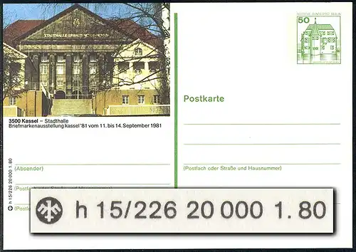 Carte postale P 114 - BuS 50 Pf N° h 15/226: Kassel / Stadthalle **