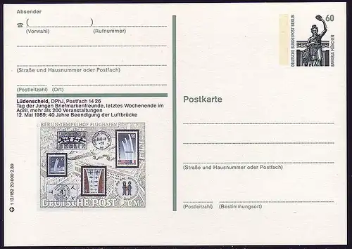 Bildpostkarte P 128b SWK 60 Pf Lüdenscheid Luftbrücke Berlin, Nr. t 12/182 **
