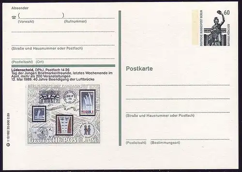 Carte postale P 128b SWK 60 Pf Lüdenscheid Airschaufbräft Berlin, N° 12/182 **