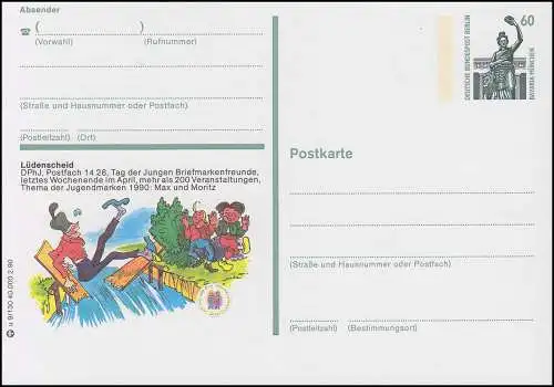 Bildpostkarte P 128c SWK 60 Pf Lüdenscheid: Max und Moritz, Nummer u 9/30 **