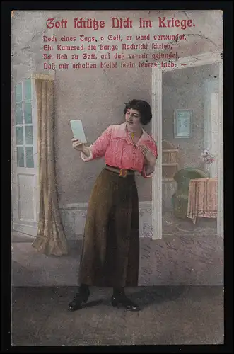 AK WSSB No 915/5 Gott schütze Dich im Kriege, Frau liest Brief, MAINZ 12.7.15 