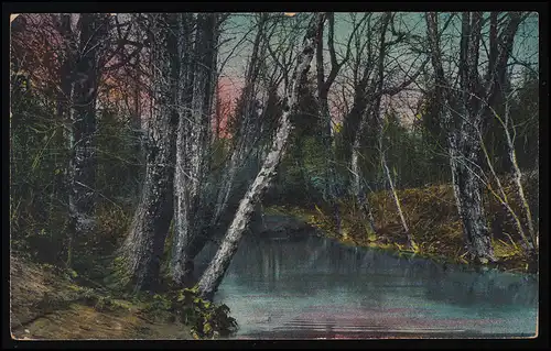 AK M&B 1387 Bäume am Fluss im Abendrot, K.D. Feldpoststation Nr. 116 a, 7.8.1916