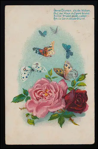 AK Papillons sur Roses, Poste de Champ, ORGANISME (en Lunebourg) 21.12.1915