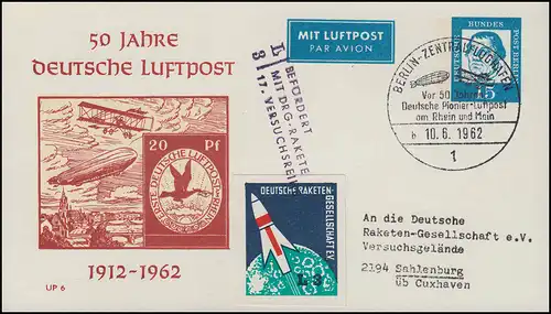 Raketenpost: Berlin PP 31/2 Luftpost LUP 6 Raketen-Vignette, SSt BERLIN 10.6.62