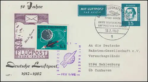 Raketenpost: Berlin PP 28/1 Luftpost LUP 1 Raketen-Vignette, SSt BERLIN 18.2.62