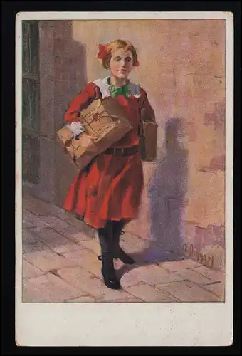AK ASM 1437 Mädchen im roten Kleid bringt Pakete, Feldpost Griesstaett 2.3.1917