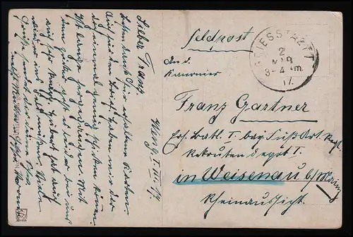 AK ASM 1437 Fille en robe rouge apporte des paquets, Griesstaett de poste de terrain 2.3.1917