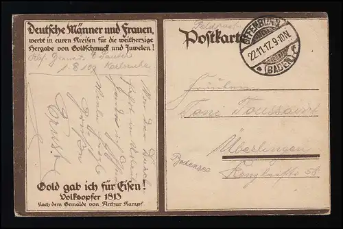 AK Gold, j'ai donné pour le fer! Des sacrifices populaires peintures, le courrier, Offenbach 22.11.1917