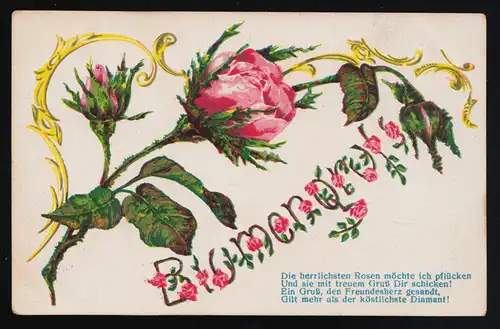 AK No. 5031 "Blumengruß" Gold Vers, Rosen Blüten, Zither Klub Edelweiss LEISNIG