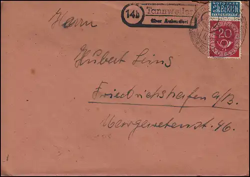 Landpost 14b Tannweiler sur AULENDORF 14.10.1952 sur lettre Marque de secours