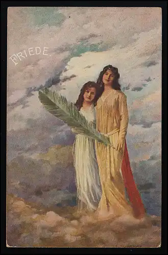 AK Amag Kunst Nr. 134 "Friede", 2 Engel auf Wolken mit Palmblatt, ungebraucht