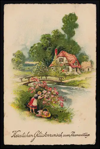 AK WRilo 6606 Namenstag, Mädchen pflückt Blumen am Fluss, WEHRDEN 26.7.1934