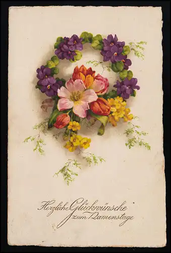 AK B & R 7242, jour de nom, couronne avec violette / tulipes, RAVENSBURG 4.11.1929