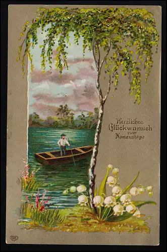 AK EAS Félicitations pour le nom, partie bateau au lac sous Birken Autriche vers 1900