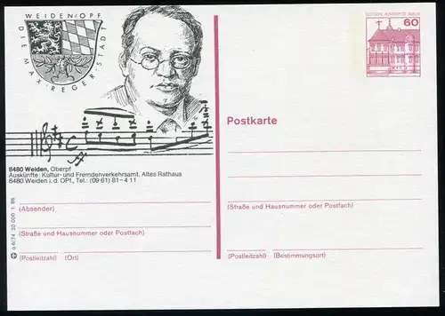 Carte postale P 126c BuS 60 Pf Päden: Armoiries de ville & Max Reger, numéro q 6/74 **