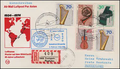 Lufthansa R-Brief 40 Jahre Luftpost nach Südamerika STUTTGART/ URUGUAY 3.2.1974