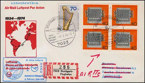 Lufthansa R-Brief 40 J. Luftpost nach Südamerika STUTTGART/ PARAGUAY 3./6.2.1974