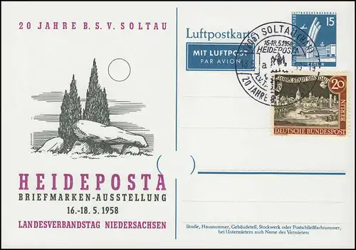 PP 19/6 BSV Soltau HEIDEPOSTA 1958 mit Zusatzfr., passender SSt Soltau 18.5.58