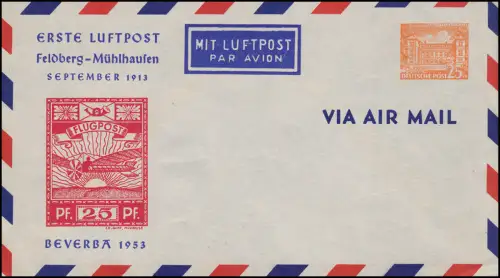PU 7 Constructions 25 Pf BEVERBA Premier aéropost Feldberg-Mühlhausen 1913, non utilisé