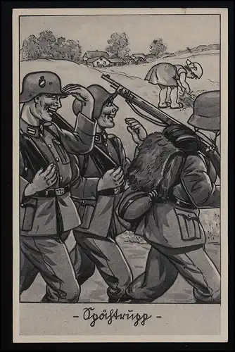 AK Cekade 42/ 3 "Spähtrupp" Soldaten feixen über gebückte Frau, Feldpost 29.4.43