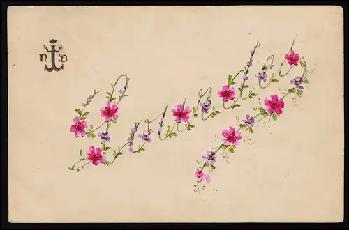 AK Frankreich N D "LOURDES" florale Schrift Blüten rosa Lila Blätter ungebraucht