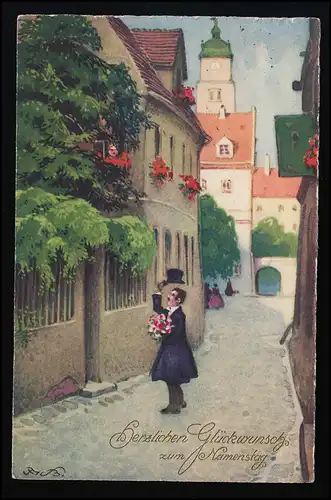 AK M&B 2989 Cavalier salue avec chapeau + apporte fleurs, jour de nom, ELBERFELD 28.7.27