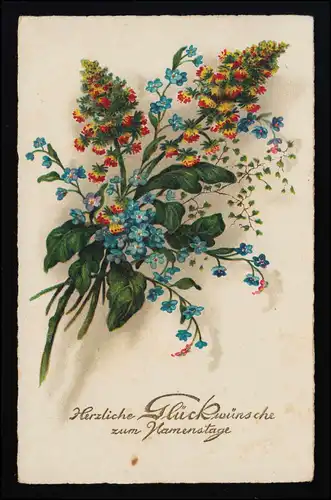 AK Noms Félicitations, bouquet de fleurs sauvages N'oubliez pas, BREGENZ 16.10.35