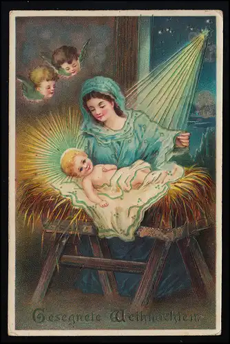 AK Gesegnete WEIHNACHTEN, Jesus Kind in der Krippe Maria Engel, DORFEN 22.12.14