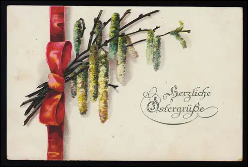 AK MBN Salutations cordiales Oster, ruban rouge rubis fleurs de bouleau, HochHEIM 5.4.17