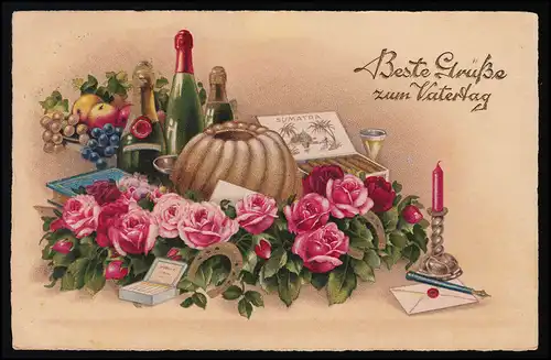 AK VATERTAG Kuchen, Zigarren Sekt Geschenke "benutzt Luftpost" ZITTAU 16.5.39