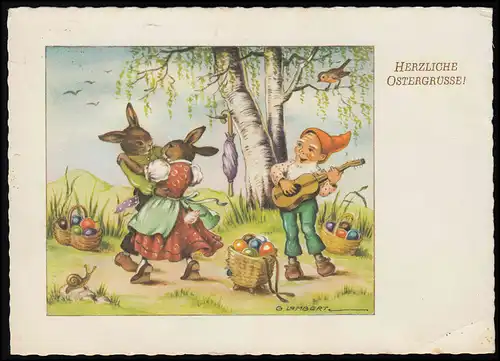 AK Pâques, nain guitare couple de lapins danse, G. Lambert, SST ZOO KARLSRUHE 2.4.58