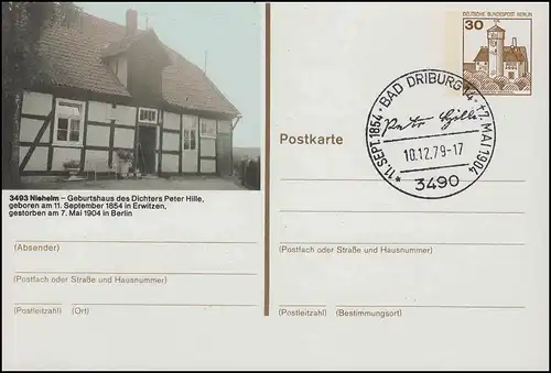 Berlin PP 78/6 Nieheim - Geburtsort P. Hille passender SSt Bad Driburg 10.12.79