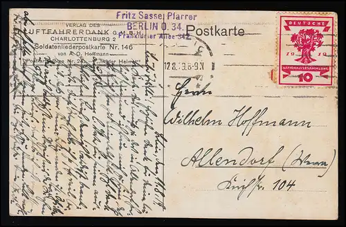 Carte postale des soldats A.O. Hoffmann "Dans la patrie," 12.8.19