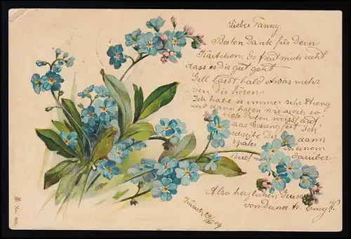 Blumen AK SVS No. 466, Vergissmeinnicht Blüten Strauß, ZÜRICH / PESEUX 30.4.1904