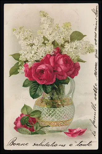 Fleurs AK Roses & Lilas blancs en cruche de verre, WINIGEN/ CHAUX-FR FONDS 2.5.1902