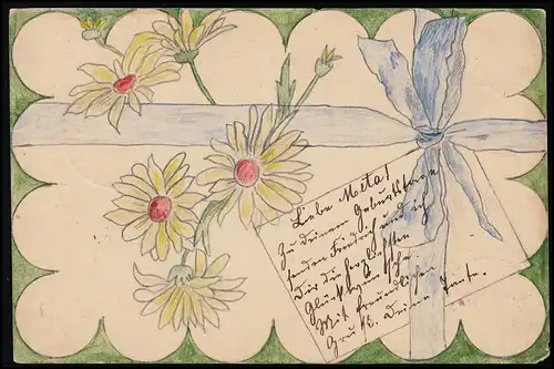 Blumen AK handgemalte Margeriten, blaues Band, NORTMOOR /LEER 4.3.1904