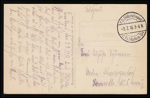 AK No 651 Librairie de terrain V. Arme, commandité 5. Armée, village, poste de champ 3.7.16