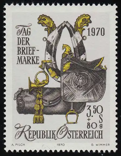 1350 Tag d. Briefm., Schlittenkummet, Sattel Felleisen Posthorn, 3.50 S, **