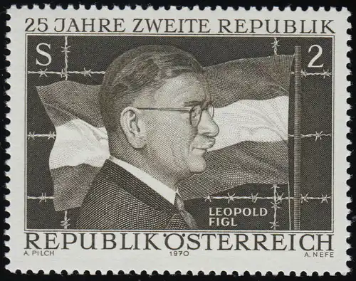 1322 25 Jahre 2. Republik Österreich, Leopold Figl, Flagge Stacheldraht, 2 S **