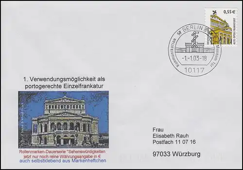 2304BC SWK 55 Cent, sk aus MH 50, Brief SSt Berlin 1.1.03 - 1. portogerechte EF