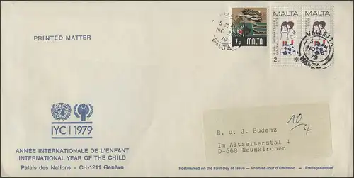 Malta: Mädchen & Junge mit Zusatzfrankatur Schmuck-Brief IYC 1979 n. Deutschland