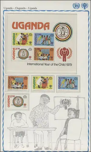 Ouganda: école & infirmière & jeux, 4 timbres et 1 bloc **