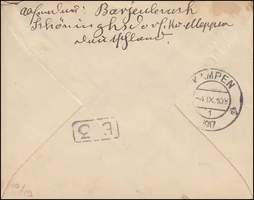 Zensur Auslandsstelle Emmerich Brief mit 88 Schöninghsdorf nach KAMPEN 4.10.17