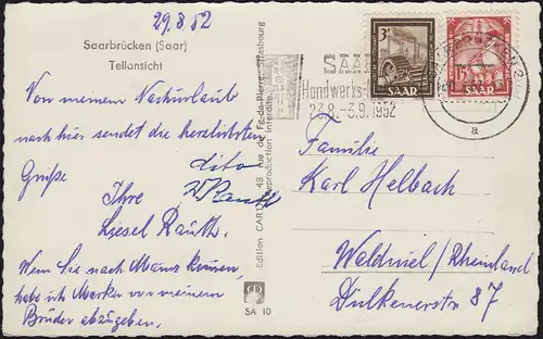 Carte de visite Sarrebruck - Vue partielle, MiF Saar 274+281, RETOURS SAAR 30.8.1952