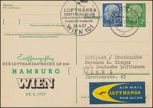 Lufthansa Eröffnungsflug LH 200 HAMBURG/ WIEN Ganzsache + Marke 28.4.1957