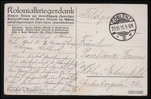 AK Kolonien Landschaft Kamerun Kolonialkriegerdank Feldpost COBLENZ 25.10.1915