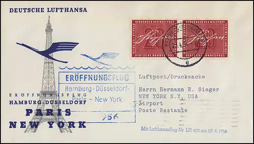 Eröffnungsflug Lufthansa LH 402 New York, Hamburg 23.4.1956/ New York 25.4.1956