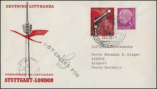 Vol d'ouverture Lufthansa Stuttgart - Londres, Stuttgart 22.4.56/ London 23.4.57