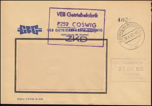 ZKD-Brief VEB Getriebefabrik COSWIG (Kr. MEISSEN) 26.8.1965 nach Wolfen